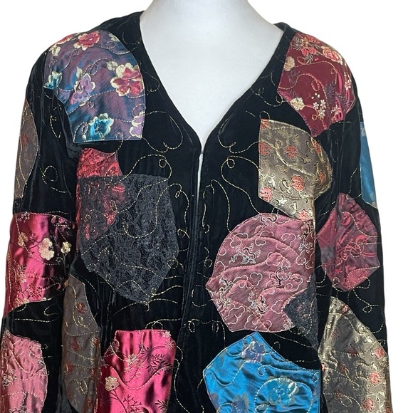 Chico's Black Velvet Patchwork Blazer  Jacket Small Artsy Boho Abstract Grandma - Picture 2 of 10